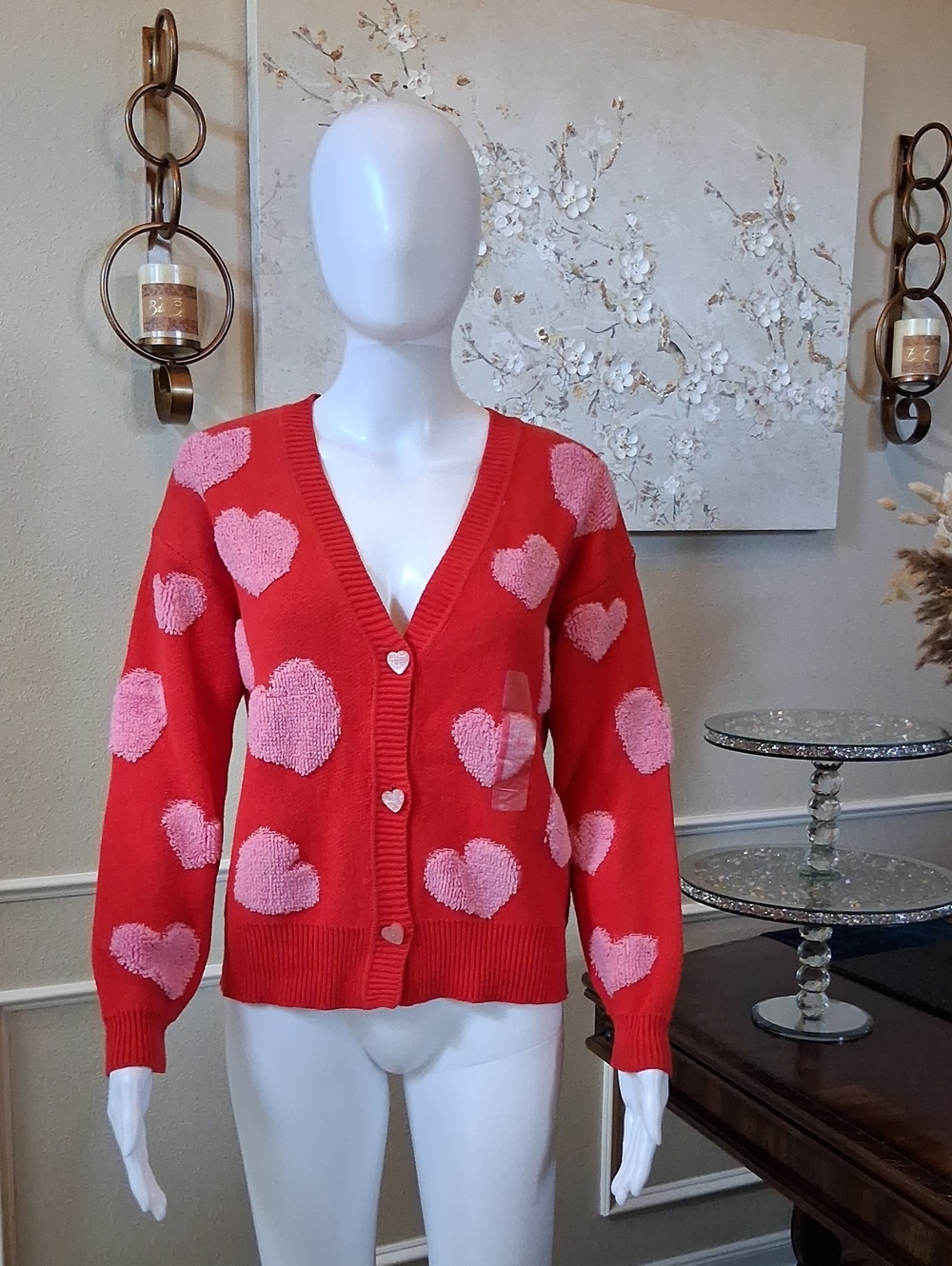 New Women's Heart Print V-neck Red And Pink Oversize Knit Glam Cardigan XXS - Picture 4 of 17